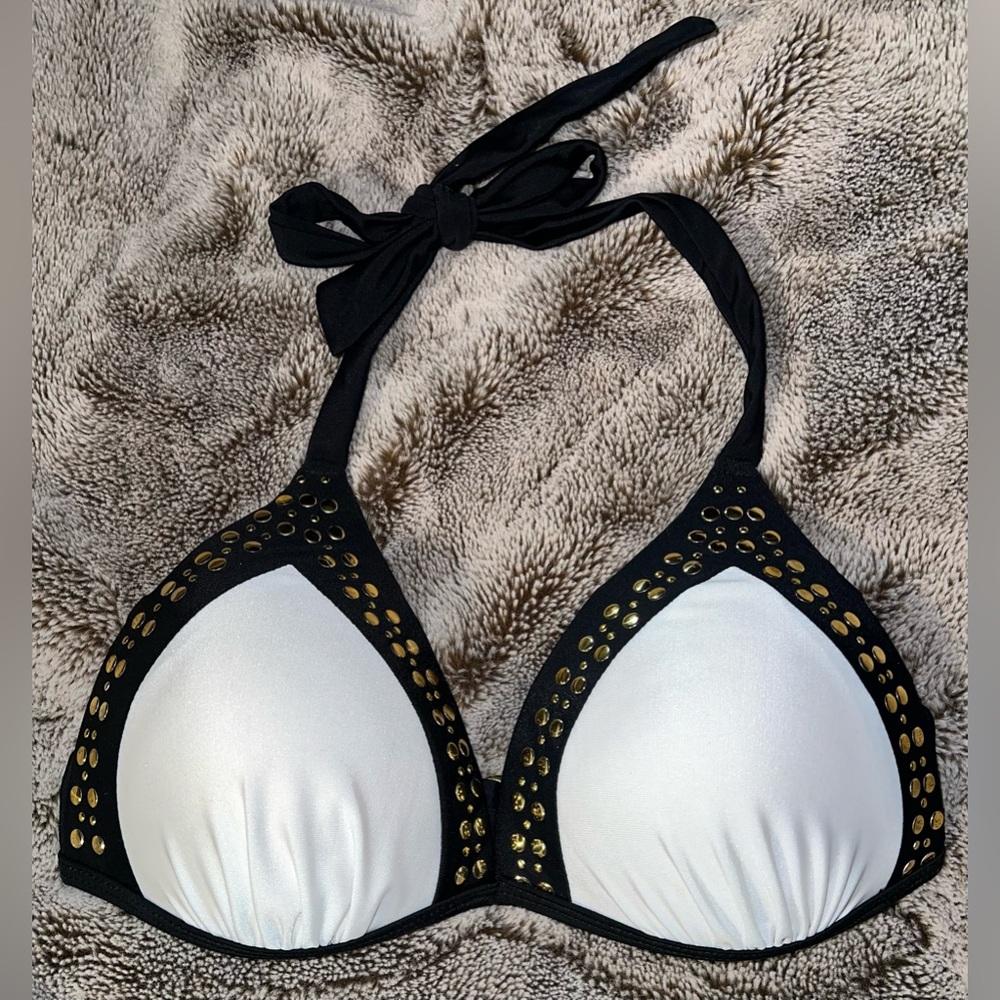Victoria’s Secret Black & White Halter Push Up Bikini Top with Gold Studs NWT